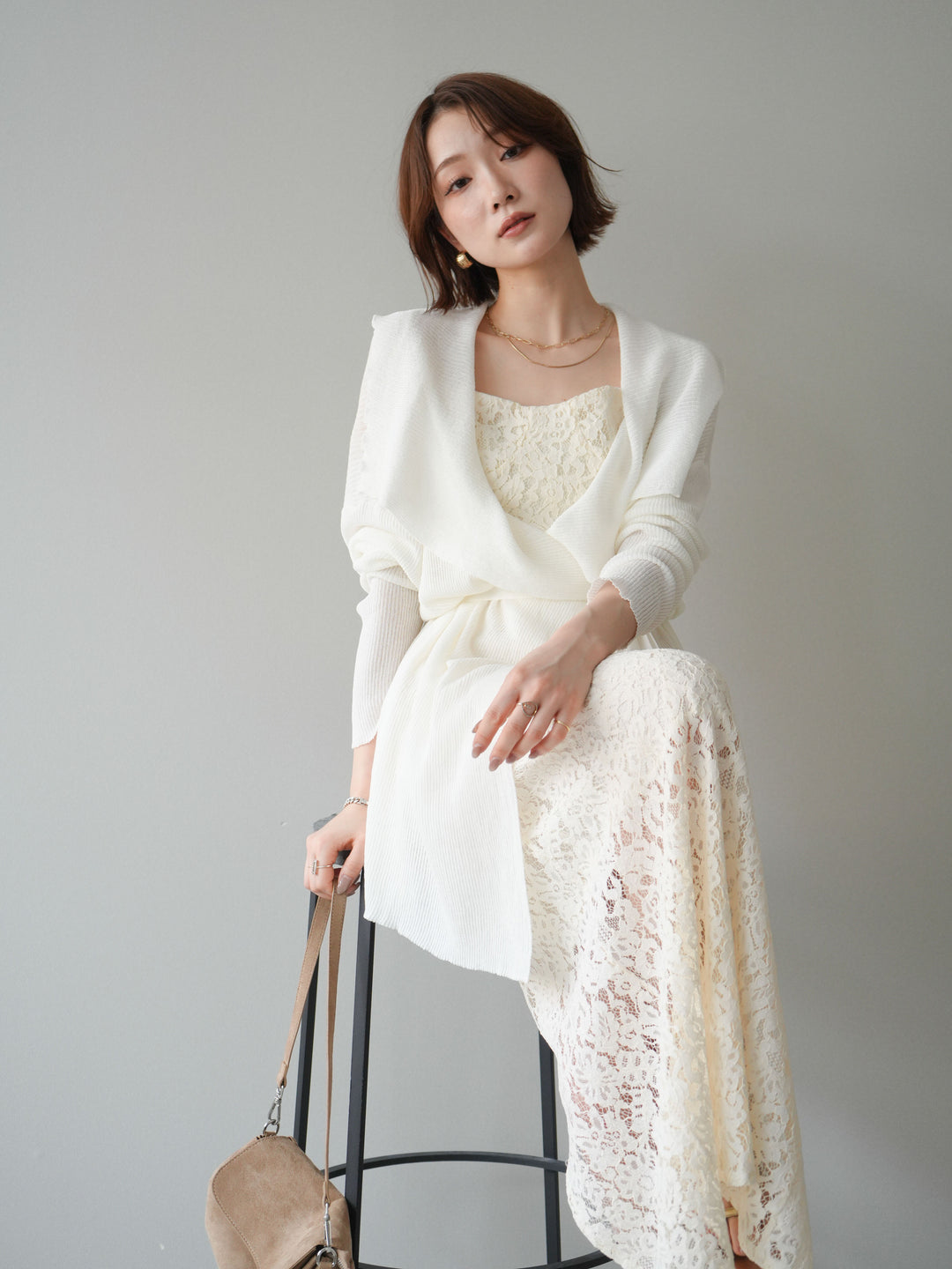 [SET]ドレープリブニットガウン+フルレースキャミ＆IラインスカートSET UP(2set)