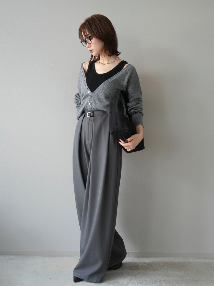 [SET]デザインボタンニットカーディガン＆タンクトップSET+ベルトループデザインワイドパンツ(2set)