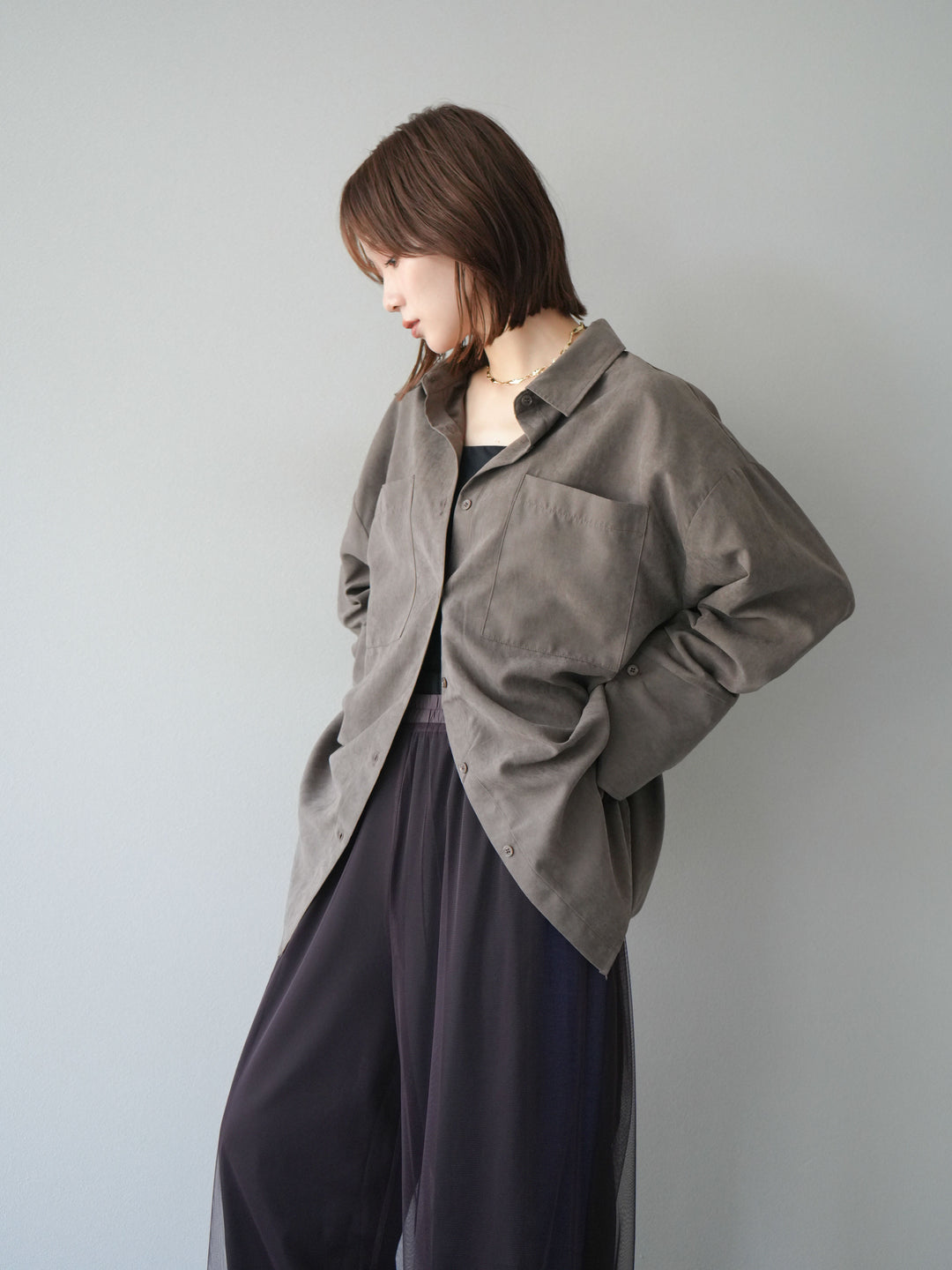 [予約]スエードライクBIGカフスオーバーシャツ/ブラウン