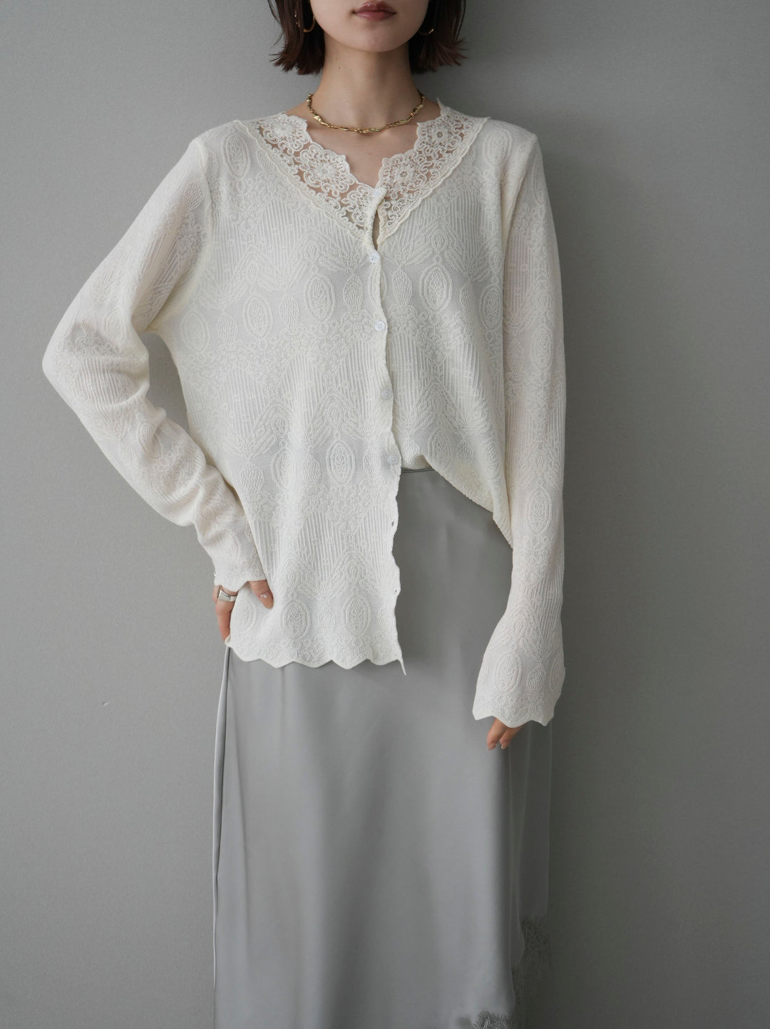 [SET]レースネックジャガードニットカーディガン+選べるアクセセット(2set)