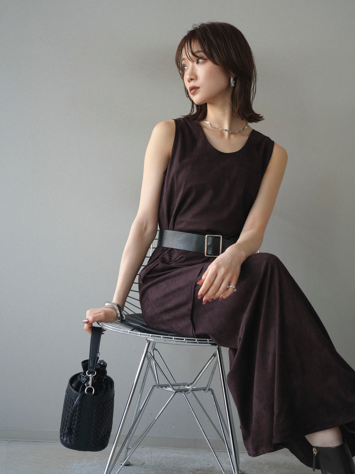 [予約]スエードアウトシームデザインベルト付ワンピース/bordeaux