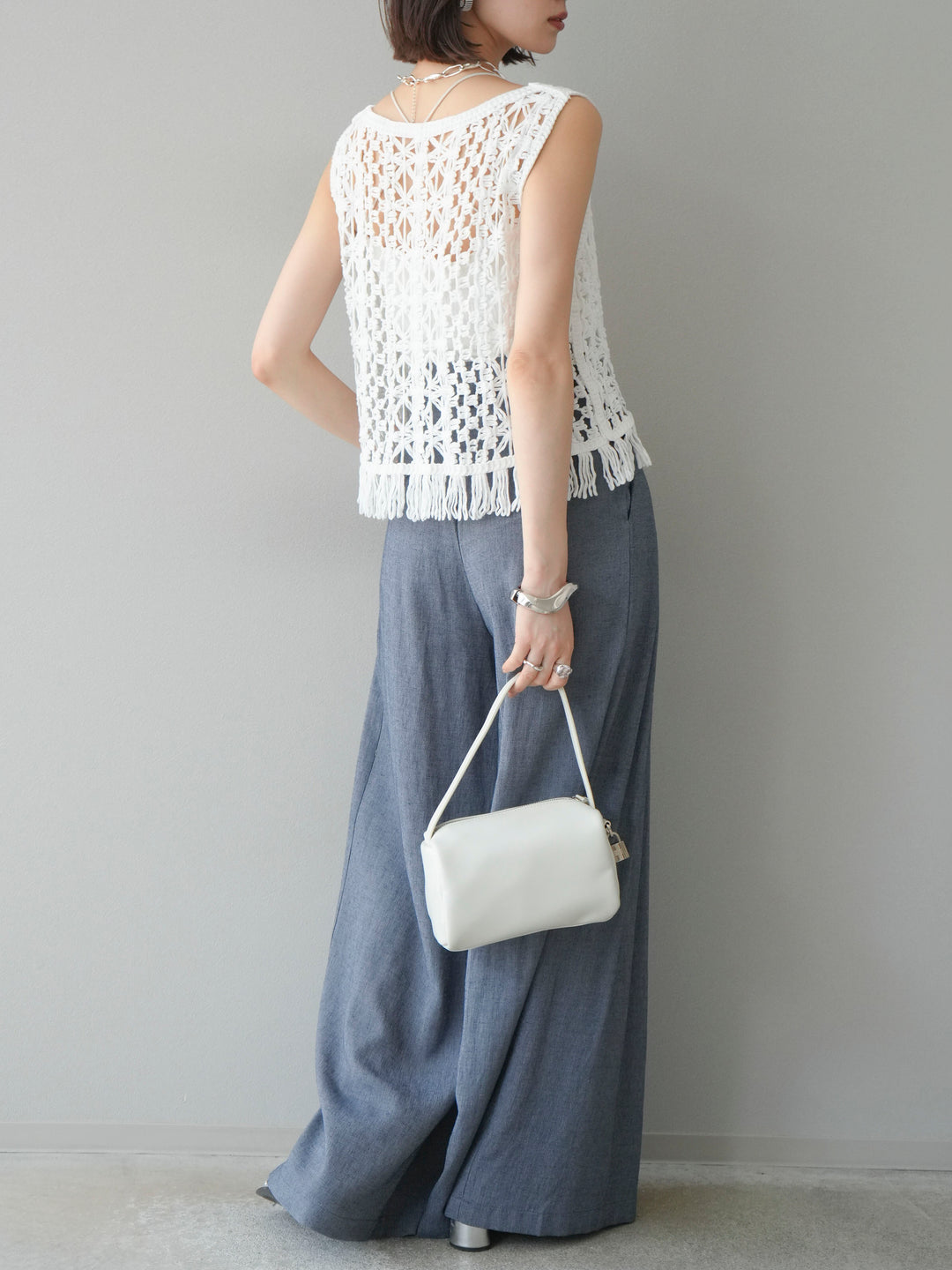 【預購】仿亞麻雙褶設計寬褲/藏青色