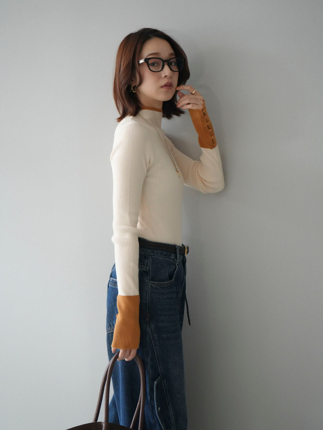 [SET]袖ボタンハイネック配色リブニットトップス+袖ボタンハイネック配色リブニットトップス(2set)