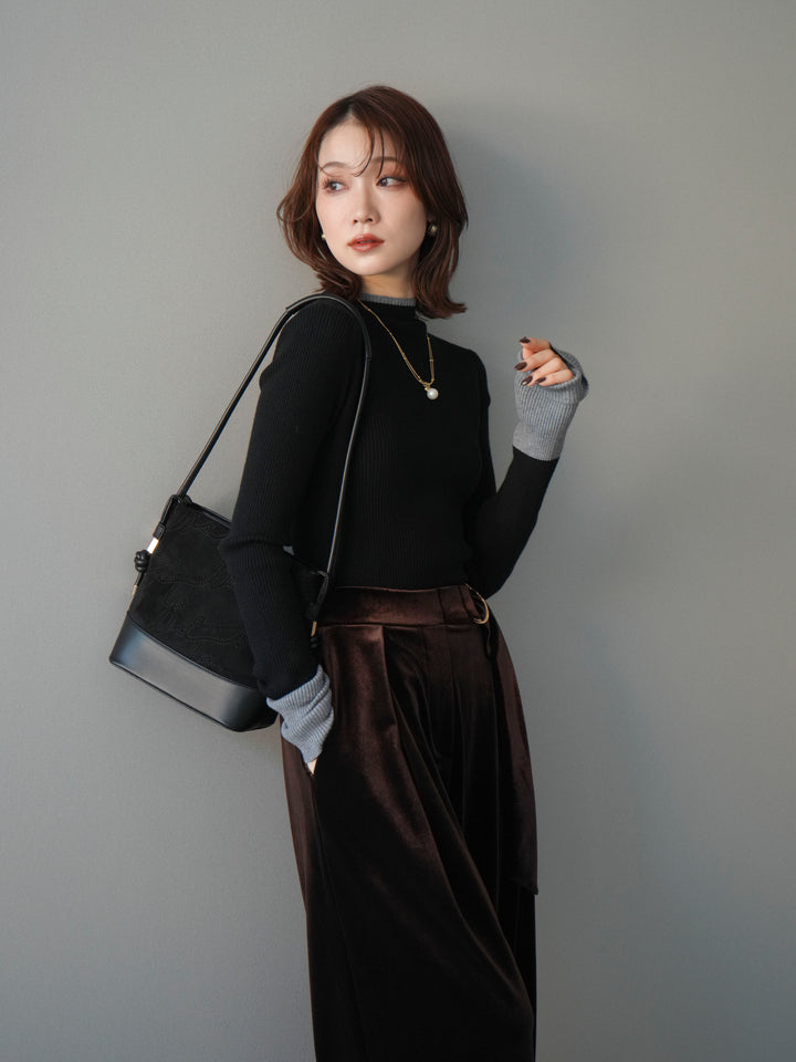 [予約]袖ボタンハイネック配色リブニットトップス/black