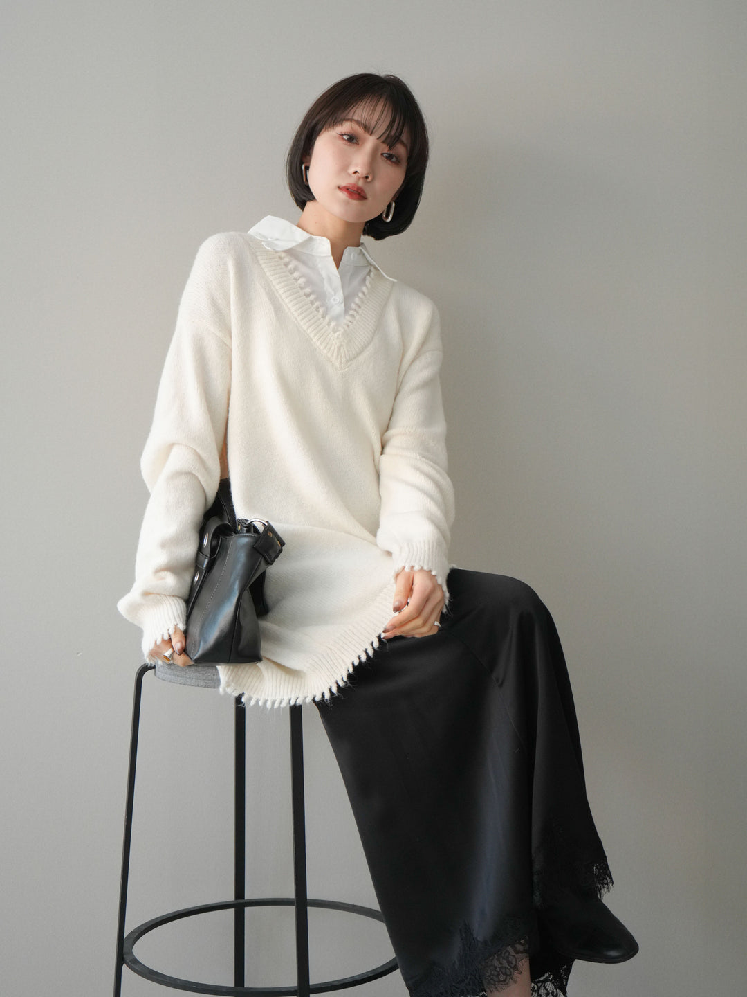 [SET]シャツドッキングVネックフリンジニットプルオーバー+選べるアクセセット(2set)