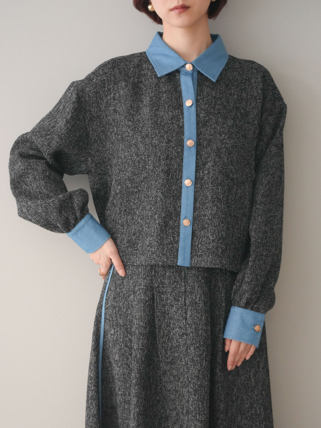 [SET]異素材サマーツイードシャツ+異素材サマーツイードタックフレアスカート(2set)