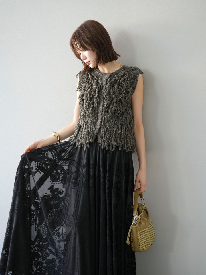 [SET]フリンジループニットベスト+アンティーク柄フロッキーマキシスカート(2set)