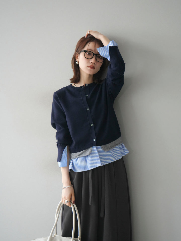 [SET]シャツ襟レイヤードニットカーディガン+ベルト付スウェットワイドパンツ(2set)