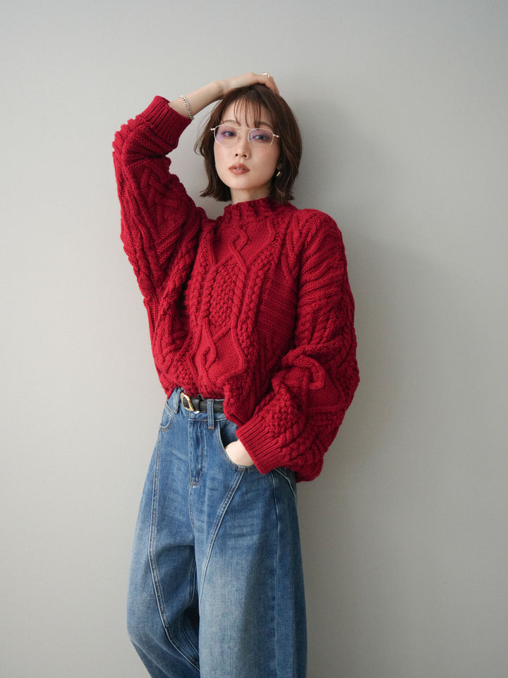 [予約]ケーブル編みモックネックニットプルオーバー/red