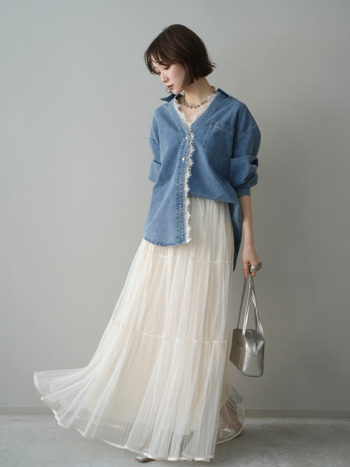 [SET]レースレイヤードデニム開襟シャツ+ラメプリーツレイヤードチュールロングスカート(2set)
