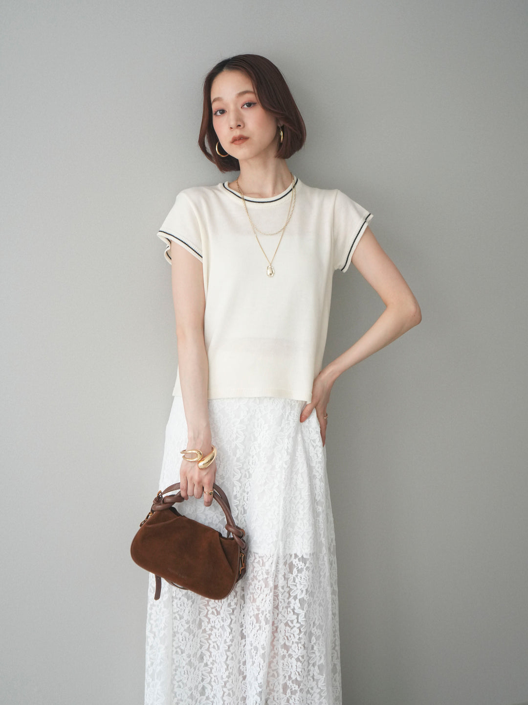 [SET]配色ハーフスリーブニットトップス+配色ハーフスリーブニットトップス(2set)