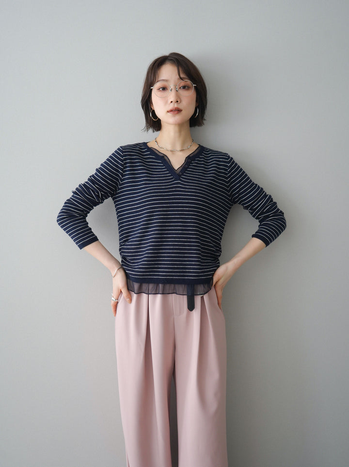 [SET]チュールレイヤードデザインボーダーニットトップス+ベルト付キーホルダーモチーフワイドパンツ(2set)