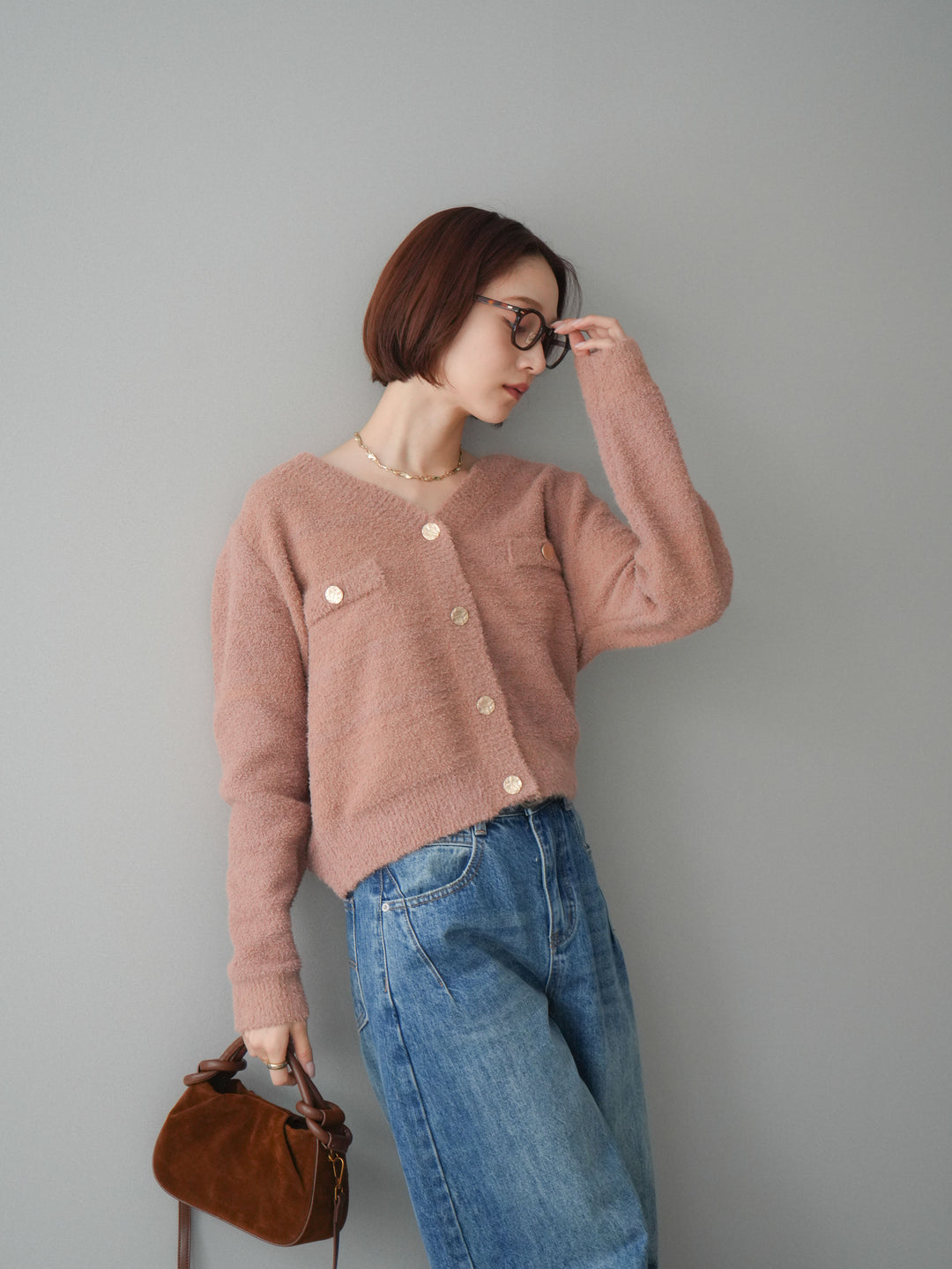 [予約]ゴールドボタンモールニットカーディガン/beige