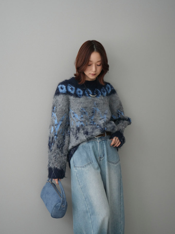 [SET]シャギーニュアンス柄ニットプルオーバー+ベルト付裏起毛カーブデニムパンツ(2set)