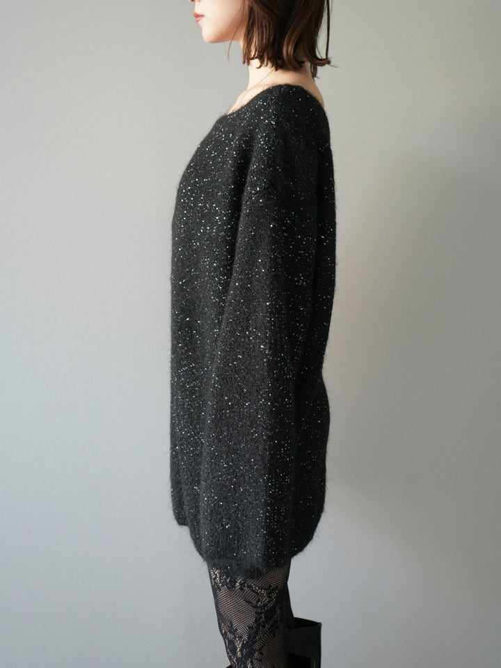 [予約]スパンコールミニシャギーニットチュニック/black