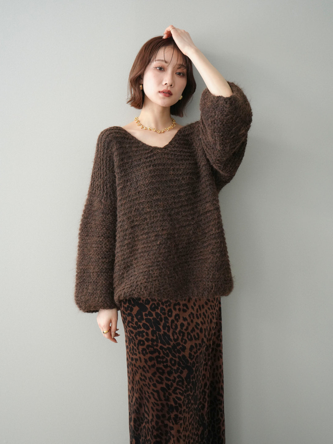 [予約]ワッフル編みシャギーニットプルオーバー/brown