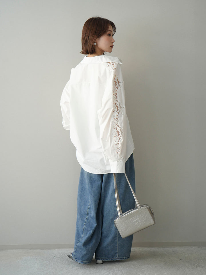 [SET]アームレースブロードシャツ+フロントビジューカーブデニムパンツ(2set)