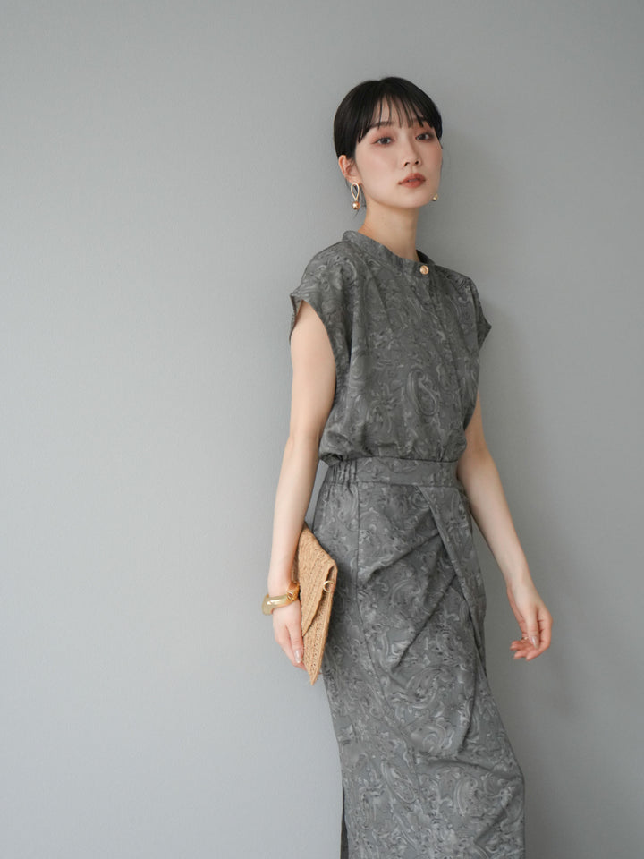 [SET]ペイズリープリントゴールドボタンブラウス+ペイズリープリントタックIラインスカート(2set)