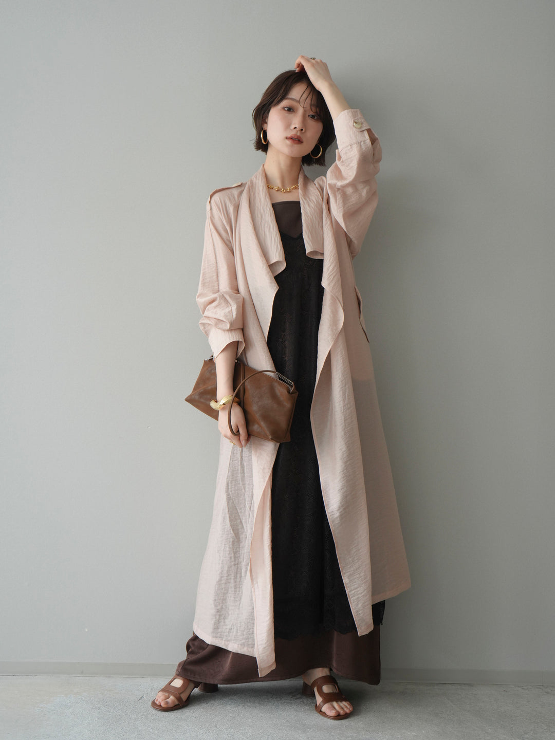 [予約]サテンレースレイヤードキャミワンピース/brown