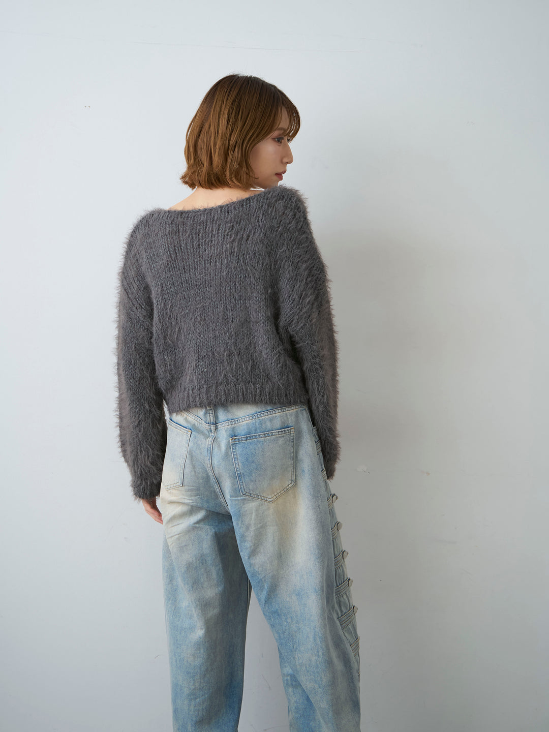 [SET]Vネックシャギークロップニットトップス+ナポレオンライトウォッシュワイドデニム(2set)