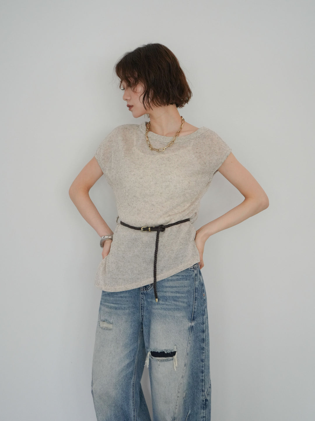 [予約]ベルト付アシメシアーニットトップス/beige