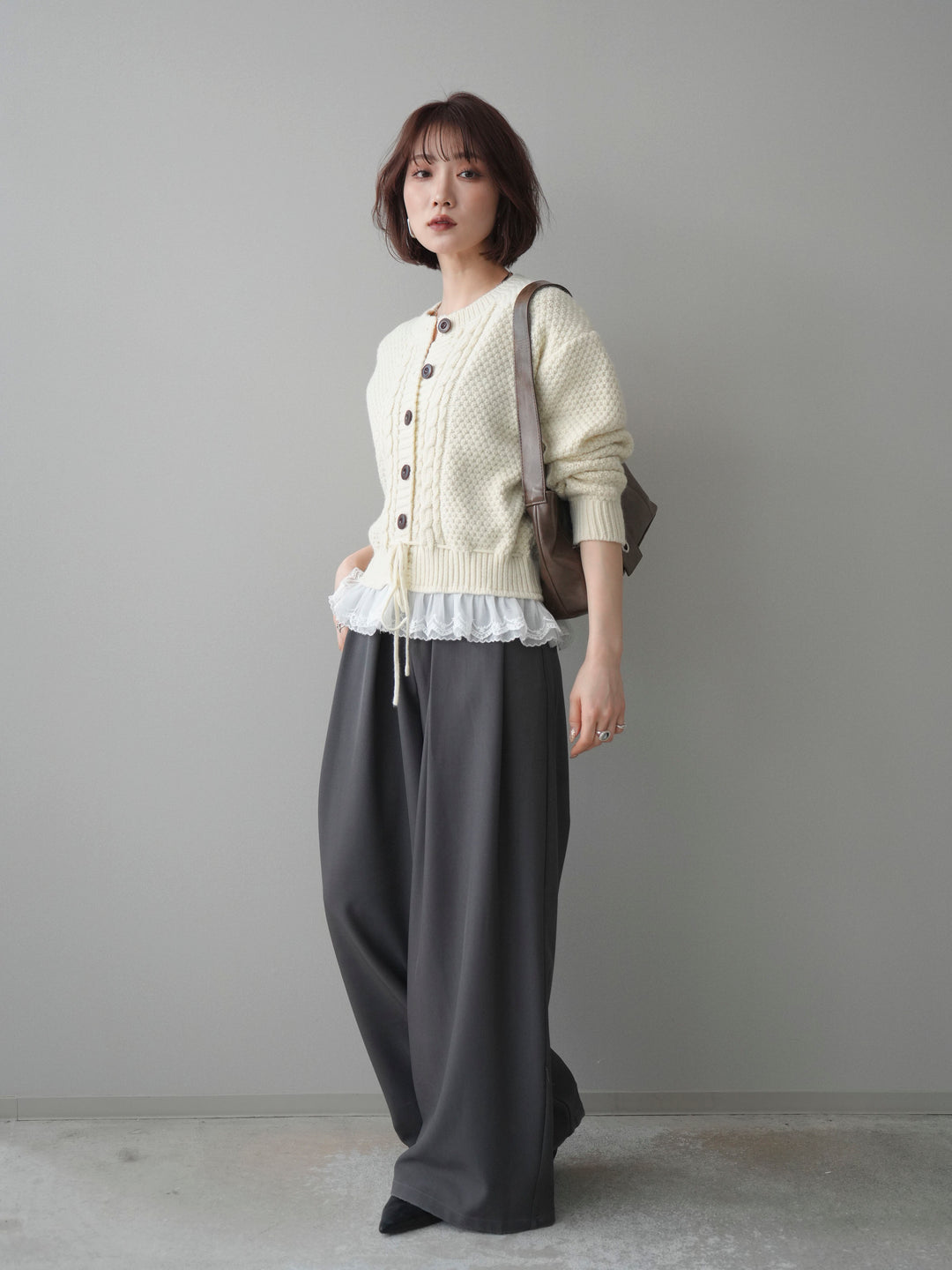 [SET]裾レースケーブルニットカーディガン+ベルトループデザインワイドパンツ(2set)