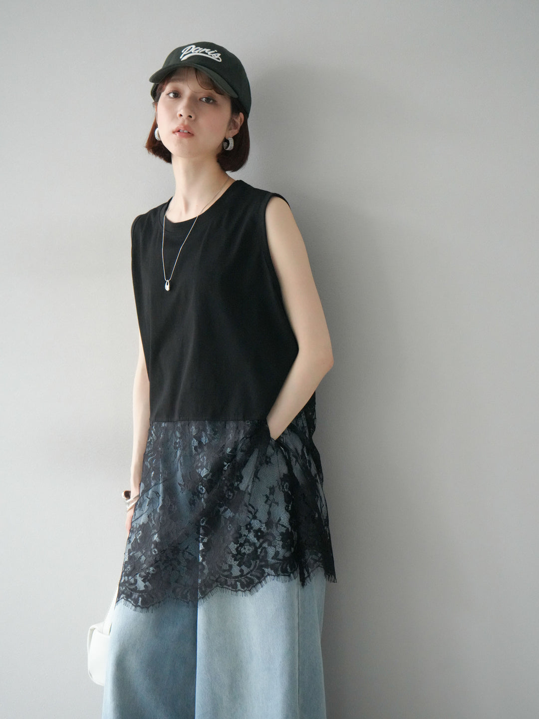 [予約]レース切替ノースリトップス/ブラック