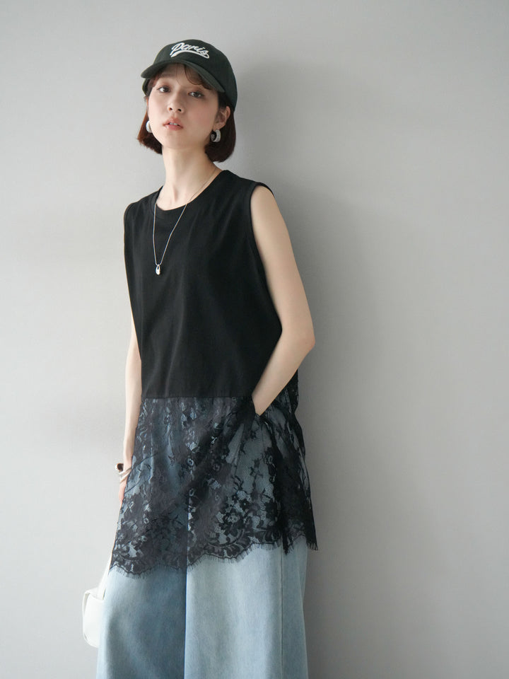 [予約]レース切替ノースリトップス/ブラック