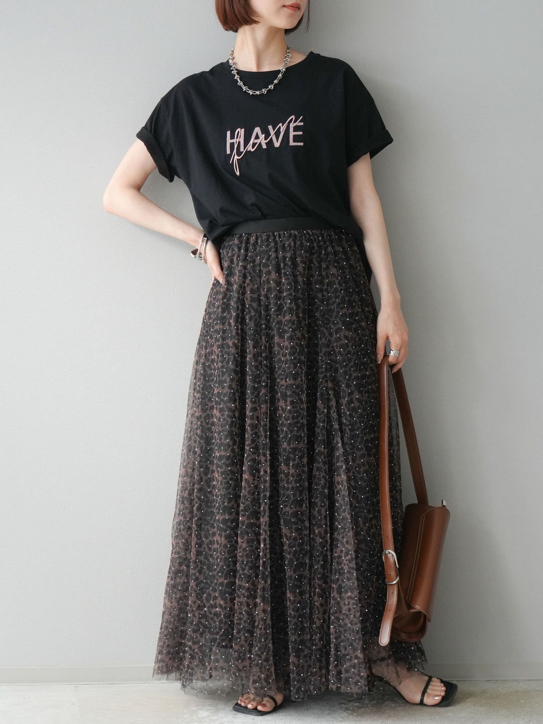 [5] 豹紋薄紗層疊百褶裙/摩卡色