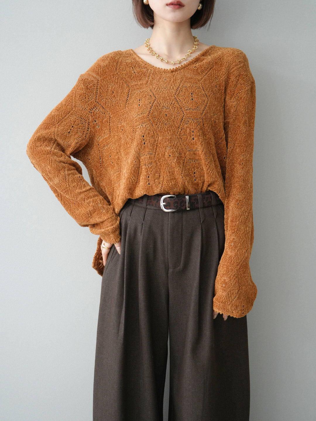 [予約]モール透かし編みニットトップス/camel