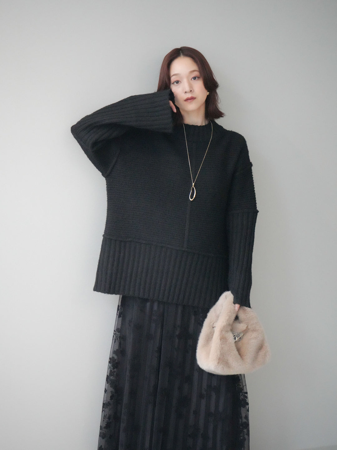 [SET]編み地切替ボトルネックニットプルオーバー+フラワーフロッキーチュールプリーツスカート(2set)