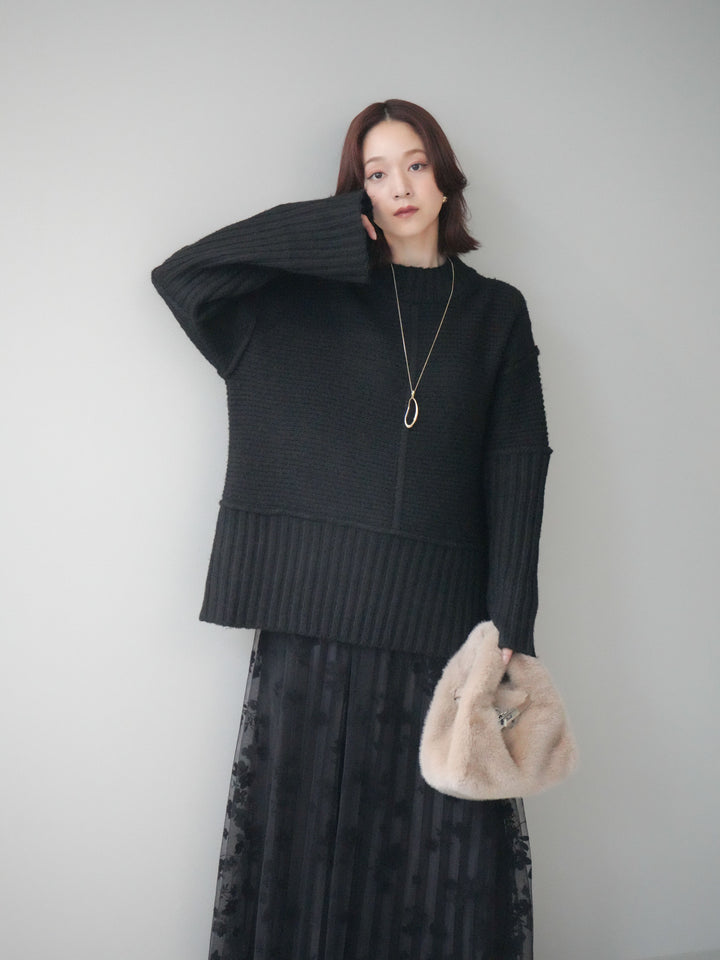 [SET]編み地切替ボトルネックニットプルオーバー+フラワーフロッキーチュールプリーツスカート(2set)