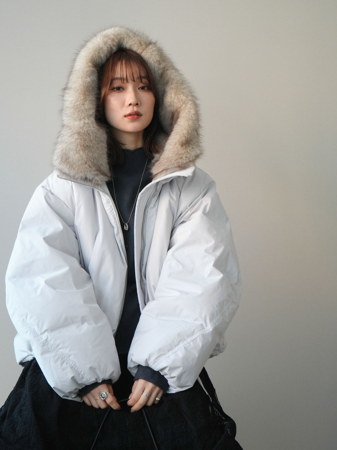 [予約]フードファーショートダウンコート/lightgray