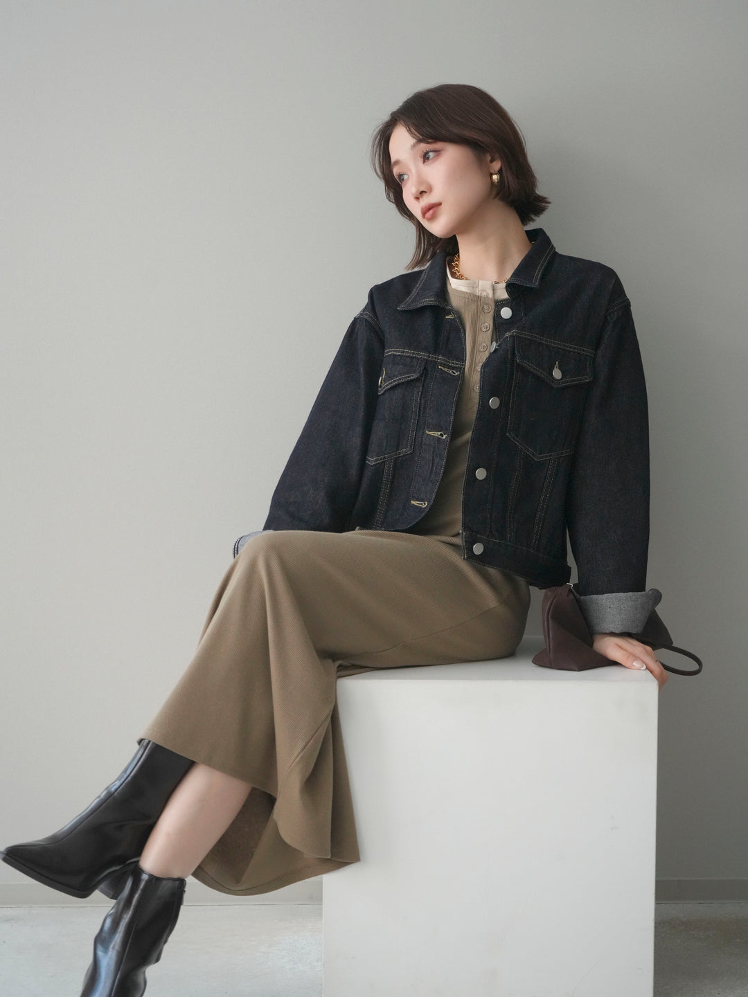 [予約]配色レイヤードヘンリーネックカットリブワンピース/mocha