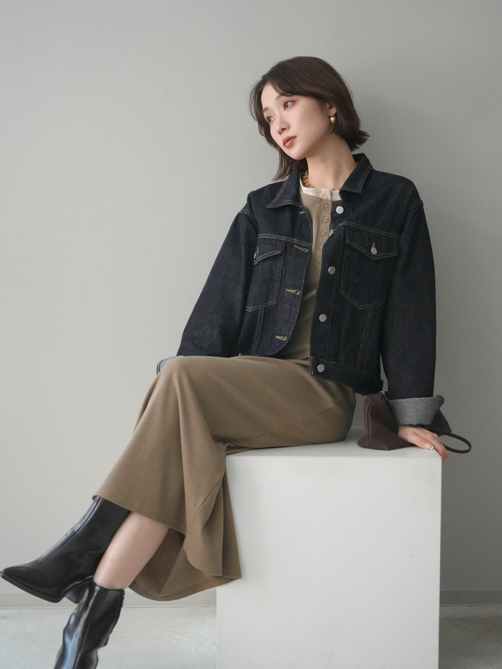 [予約]配色レイヤードヘンリーネックカットリブワンピース/mocha