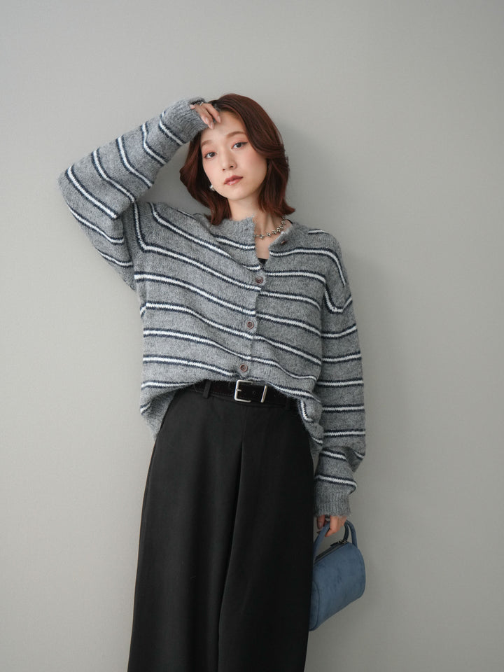 [SET]ボーダーシャギーニットカーディガン+ベルト付きフロントタックワイドパンツ(2set)