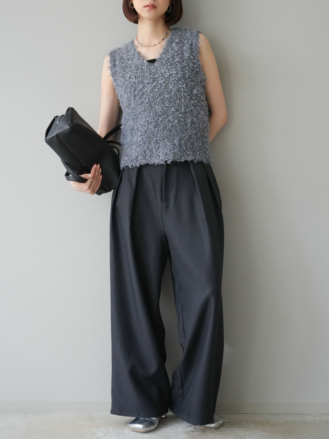 [予約]テープヤーンフリンジニットベスト/グレー