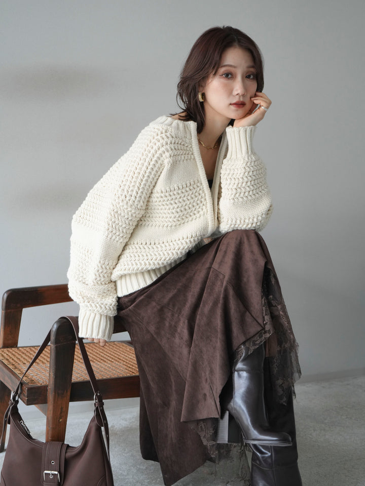 [予約]ケーブル編みZIPニットカーディガン/ivory