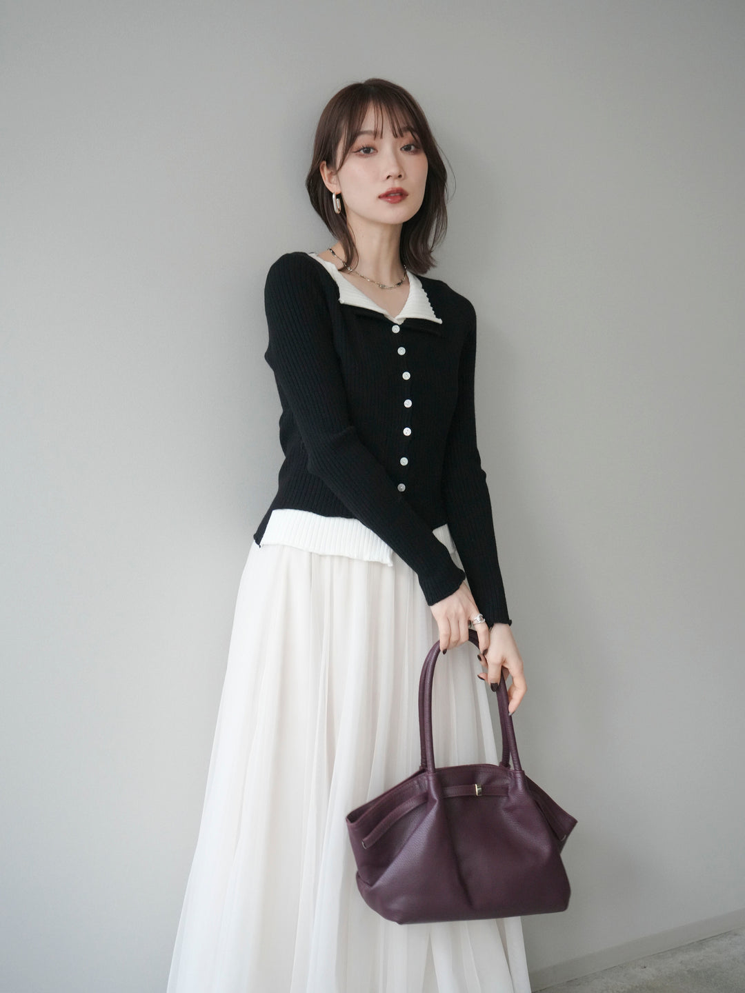 [予約]配色レイヤードリブニットカーディガン/black