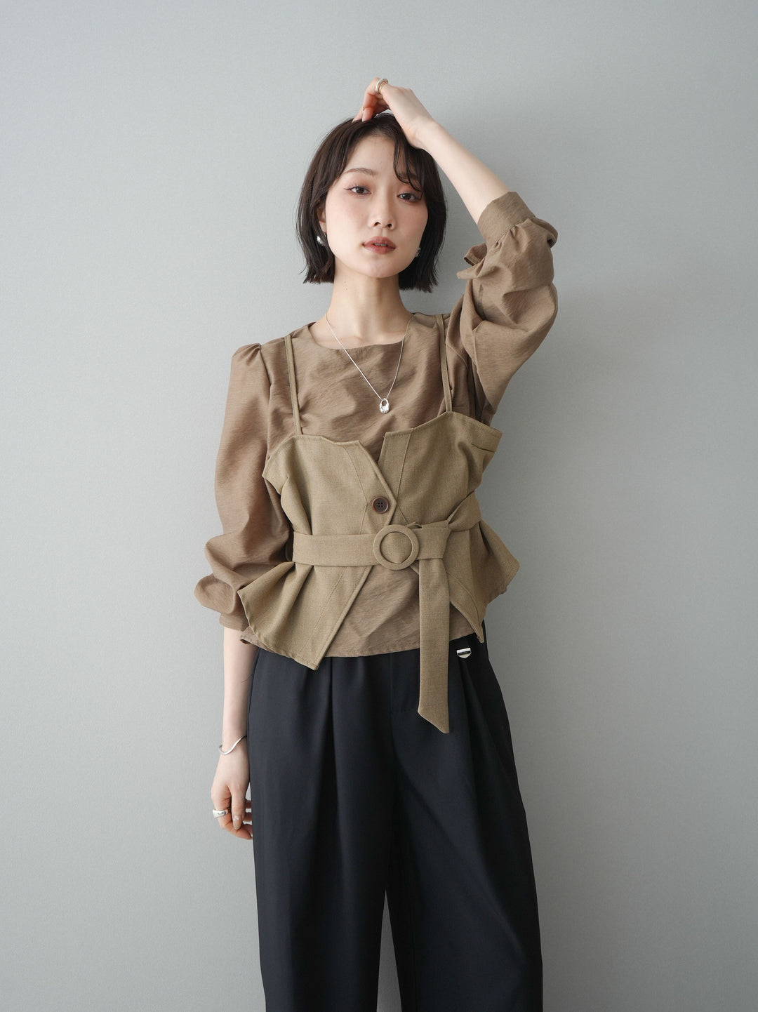 [SET]異素材ビスチェドッキングブラウス+選べるアクセセット(2set)