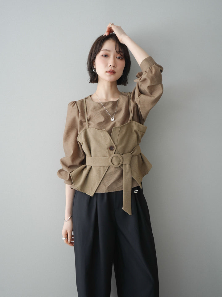 [SET]異素材ビスチェドッキングブラウス+選べるアクセセット(2set)