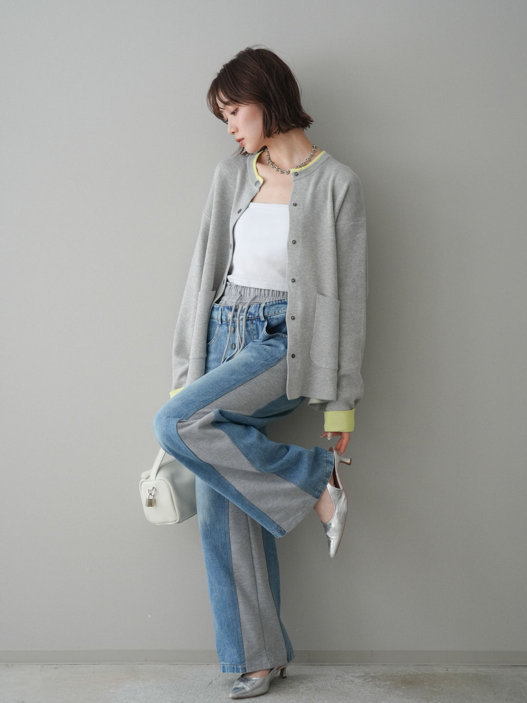 [SET]バイカラーオーバーニットカーディガン+デニム切替スウェットパンツ(2set)