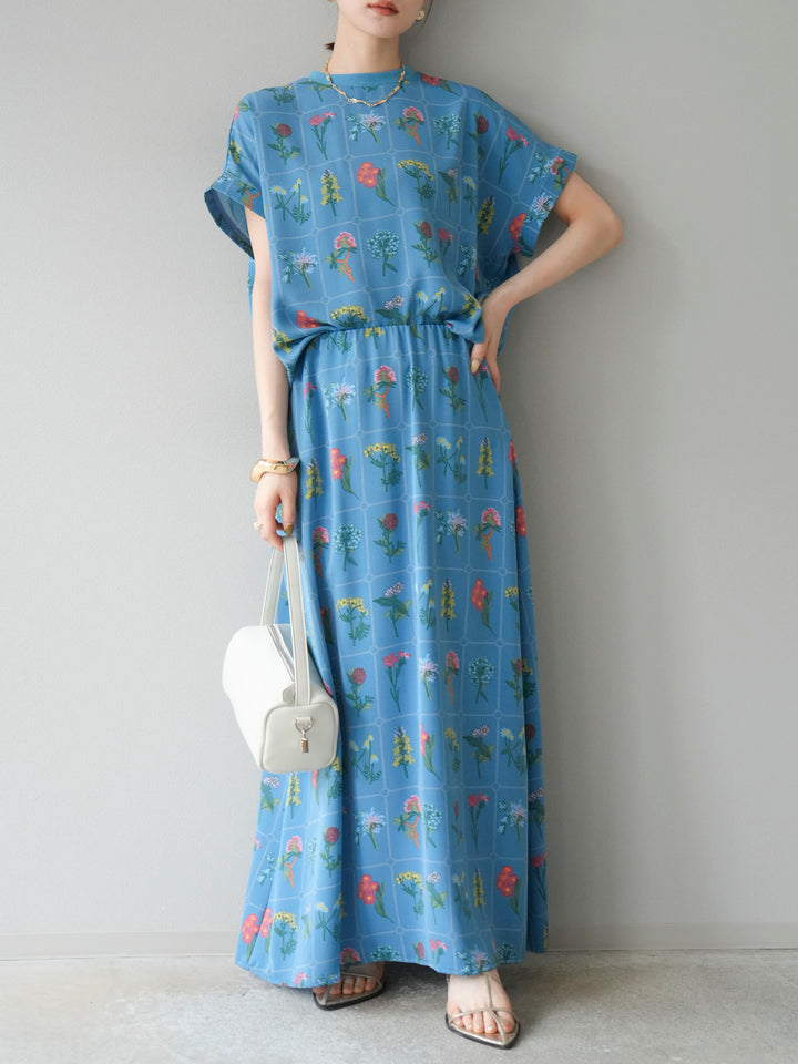 [予約]パッチワークフラワープリントフレアスカート/ブルー