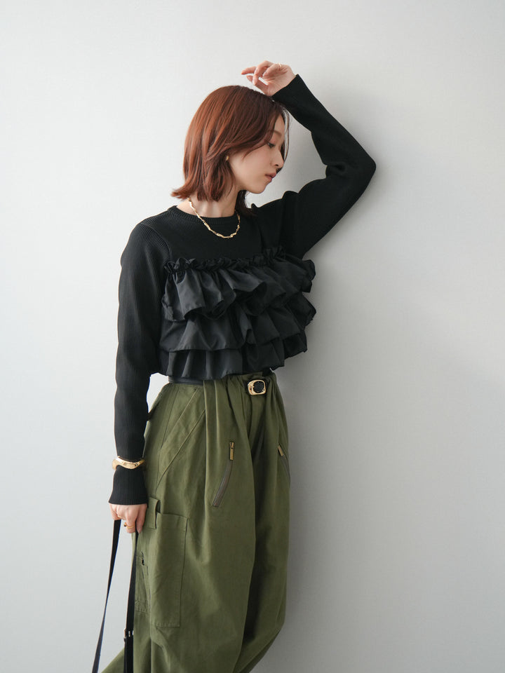 [SET]フリルビスチェドッキングスポンジニットプルオーバー+コットンタックループパンツ(2set)