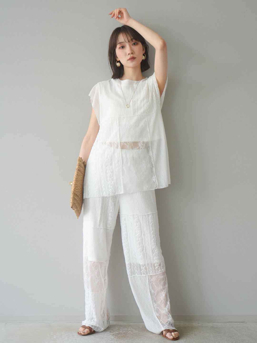 [予約]パッチワークレースワイドパンツ/ホワイト