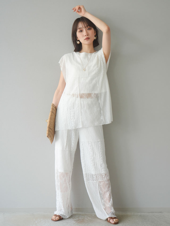 [予約]パッチワークレースワイドパンツ/ホワイト