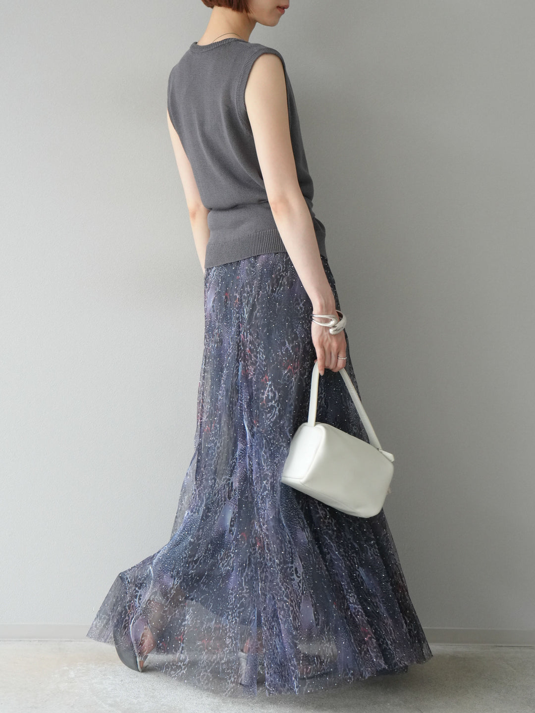 [予約]ニュアンス柄チュールレイヤードプリーツスカート/ネイビー