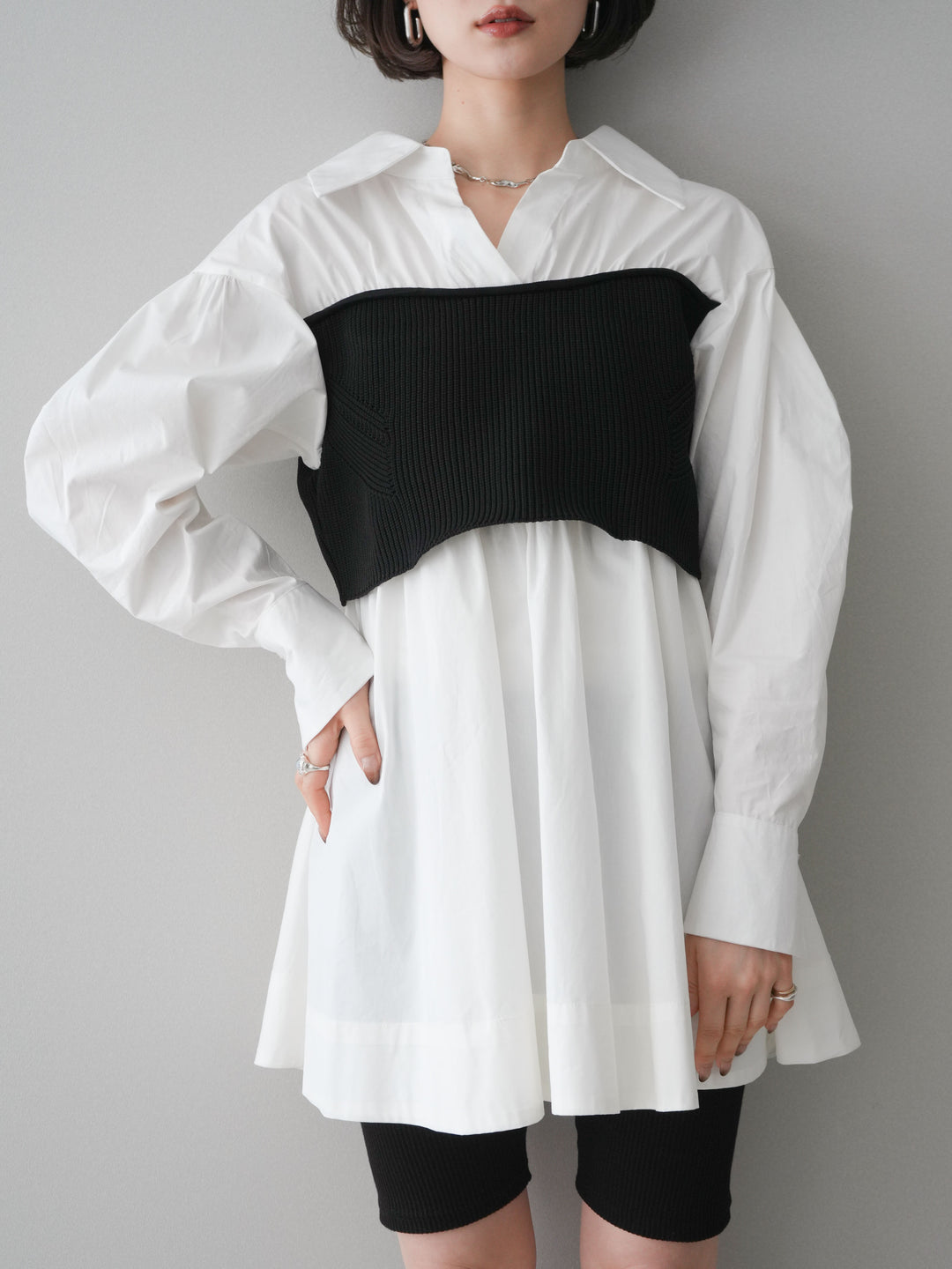 [予約]ニットビスチェドッキングフレアシャツチュニック/offwhite