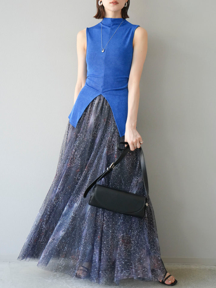 [予約]ニュアンス柄チュールレイヤードプリーツスカート/ネイビー