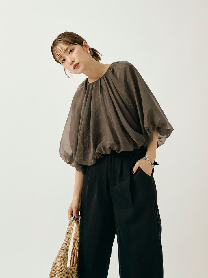 [予約]オーガンジーバルーンショートブラウス/チャコール